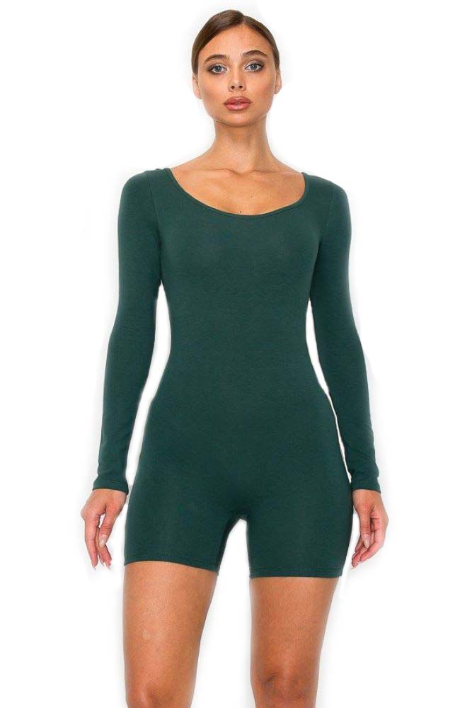 7Wins JJJ Fashion Solid Cotton Spandex Low Back Long Sleeve Body-Con Short Romper/Made In USA