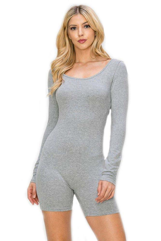 7Wins JJJ Fashion Solid Cotton Spandex Low Back Long Sleeve Body-Con Short Romper/Made In USA