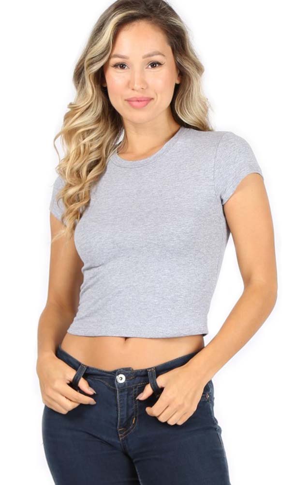 7Wins Womens Cotton Spandex Basic Solid Fitted, Cap Sleeve Crew Neck Cropped top