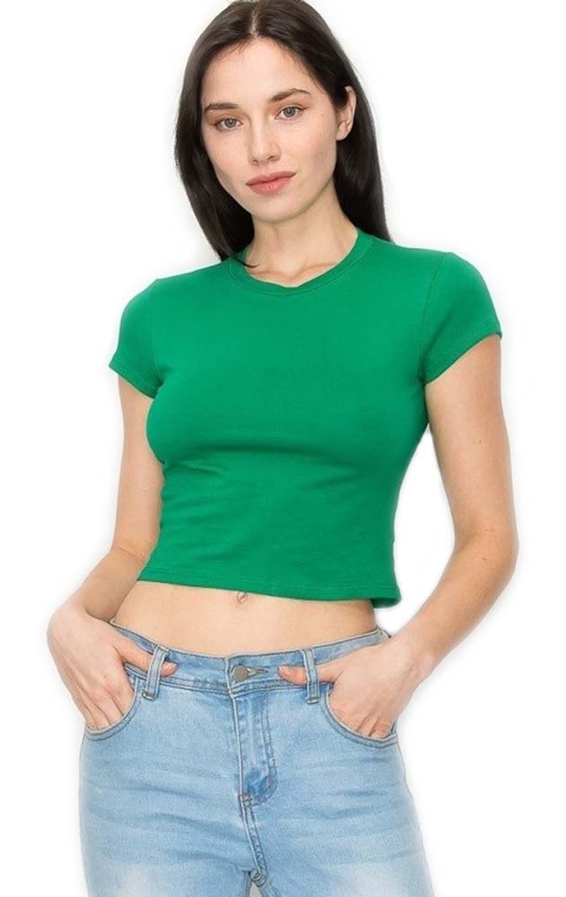 7Wins Womens Cotton Spandex Basic Solid Fitted, Cap Sleeve Crew Neck Cropped top