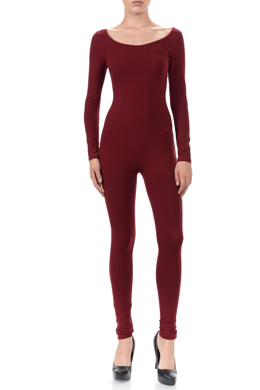 Dark Red Long Sleeve Zip up Yoga Jumpsuit Catsuit Gym Outfit